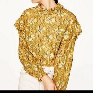 Zara Mustard Yellow Lace Ruffled Crop Blouse